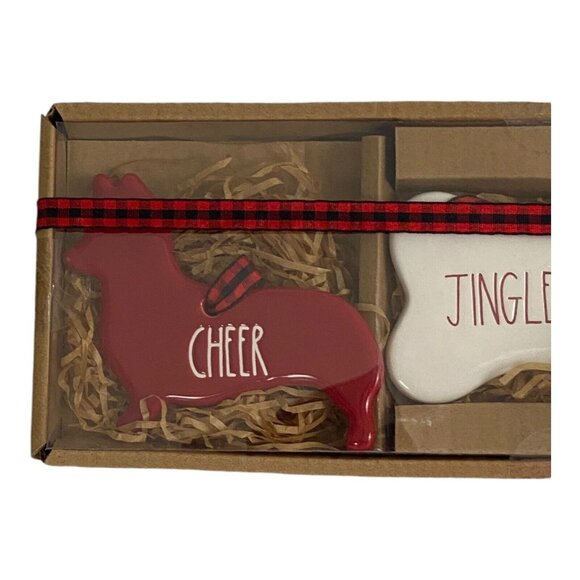 New Rae Dunn Set Of 3 Dog Ornaments Cheer, Jingle Bones, Jolly Red White NEW - Picture 5 of 7